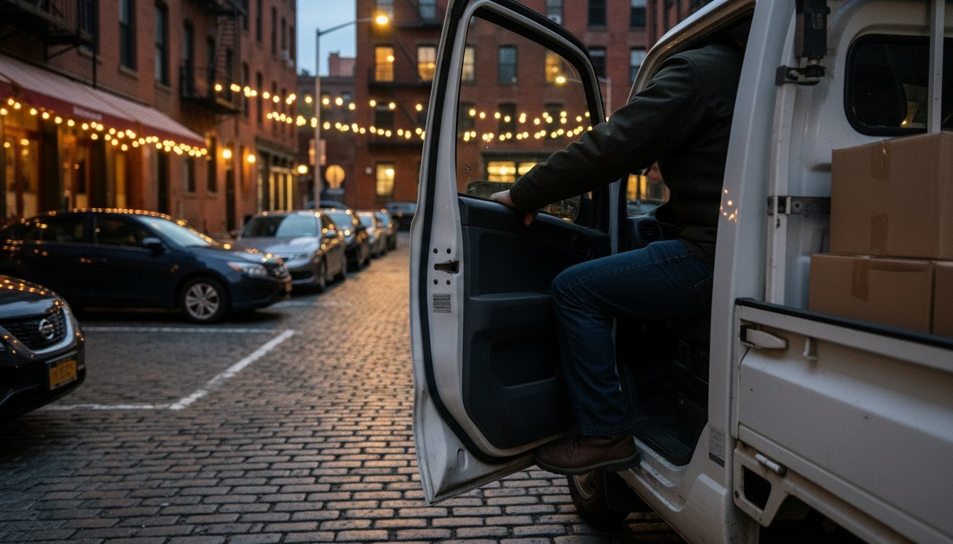 Driver getting into a compact kei truck on a cobblestone street at evening